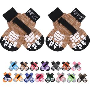 PUPTECK Anti-Slip Dog Socks with Double Sides Grips for Small Medium Large Dogs Hardwood Floors Prevents Licking, Dog Shoes for Hot Pavement Traction Control Paw Protector for Senior Dogs, Khaki M