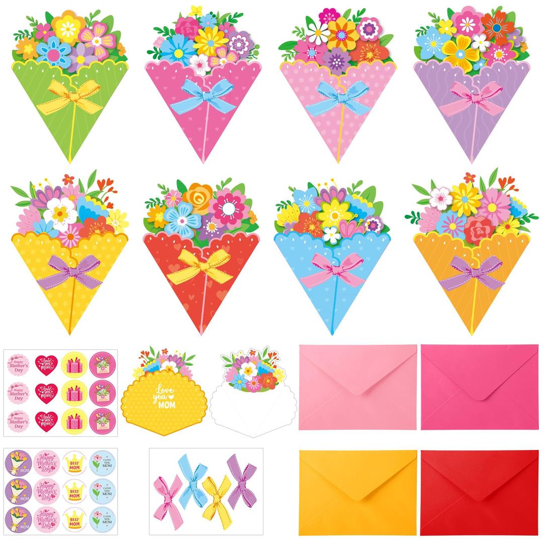 Funrous 24 Pack Mother's Day Greeting Cards Happy Mother's Day Flower Shaped Cards with Stickers Envelopes 8 Designs Flower Bouquet Craft Gift Set for Classroom Activities Party Decor