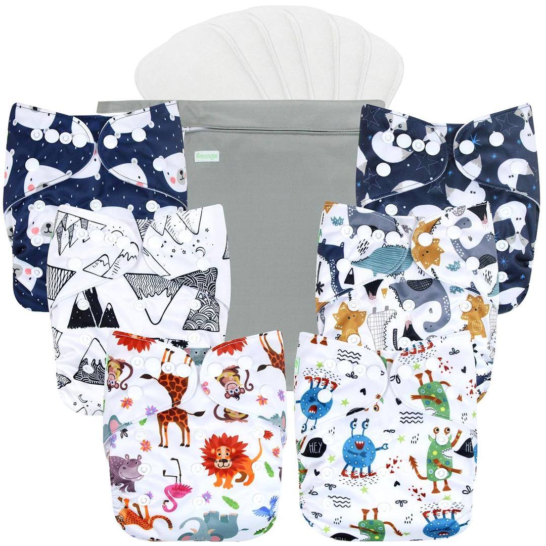 wegreeco Cloth Diapers 6 Pack with 6 Inserts & 1 Wet Bag, Washable Cloth Diapers for Babies, One Size Adjustable Reusable (Cool Animals)