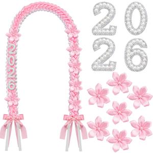 Suncalla 1/2 Pack Graduation Leis Class of 2026 Ivory Satin Ribbon Necklace with 11 Letters and Numbers Flower Butterfly Pin Pearl Bow Money Leis for College Senior Grad Gift(Pink,1 Pcs)