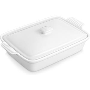 MALACASA 3.4 Quart Baking Dish With Lid, Porcelain Casserole dish with Lid, 13 x 9 Lasagna Pan Deep with Lid, Rectangular Bakeware With Handle, Microwave, Oven Safe, White, Series BAKE