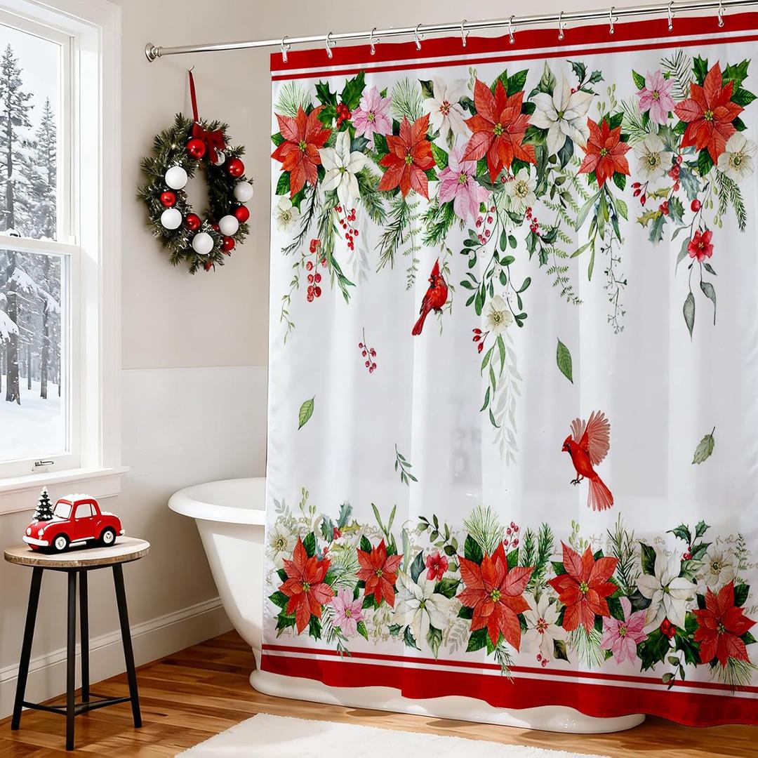 Mocsicka Christmas Shower Curtain Red and White Poinsettias Cardinals Bathroom Shower Curtain Winter Xmas Holiday Waterproof Fabric Shower Curtains Bathtub Decor with 12 Hooks 72 X 72 Inches