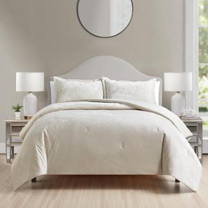 Luxury Velvet Queen Comforter Set, 3 Pieces Reversible Comforters Queen Size with 2 Pillow Shams, Brushed Solid Microfiber Back, All Season Cozy, Soft, Warm, Lightweight (Beige, 90x90 Inch)