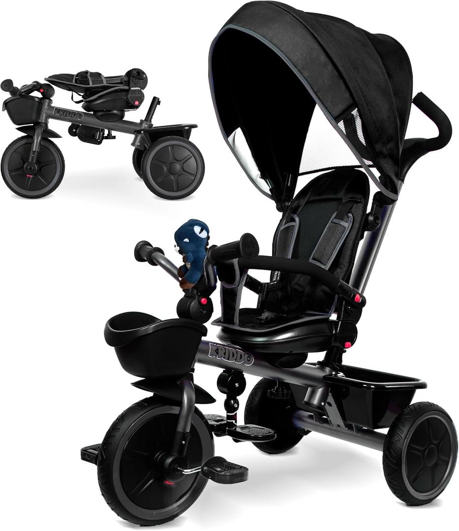 KRIDDO 7-in-1 Tricycle Stroller for Toddlers 18 Months to 5 Years, Adjustable Push Handle, Rotatable Seat, Cup Holder and Retractable Canopy, Folding Baby Trike w/Detachable Guardrail, Footrest, GY (Grey)