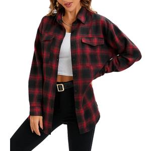 Oyamiki Womens Casual Cuffed Long Sleeve Boyfriend Button Down Plaid Flannel Shirt Tops (Small, New Red)