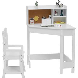 Kids Desk and Chair Set, Wooden Corner Study Table with Bookshelf, Bulletin Board, and Pen Holder, Writing Table for Boys and Girls, White
