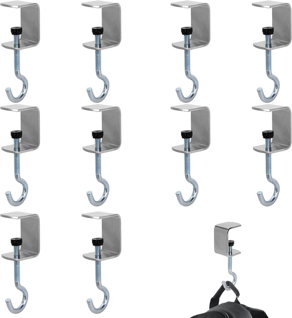 XIHIRCD 10pcs Desk Bag Hooks, Portable Purse Hook for Table Adjustable Handbag Hanger for Desk Heavy Duty Clamp-on Desktop Table Hooks for Hanging Bags, Backpack, Headphone Storage