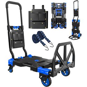 Folding Hand Truck, 2 in 1 Portable Heavy Duty Carrying Moving Dolly Cart with 4 Foldable Wheels and Retractable Handle Duty 330lbs (Blue)