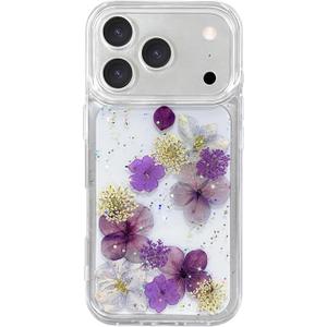 Abbery for iPhone 17 Pro Max Case Clear with Pressed Dry Real Flower Design Cute Bling Glitter Soft TPU Shockproof Protective Women Girl's Purple Floral Phone Case for iPhone 17 Pro Max