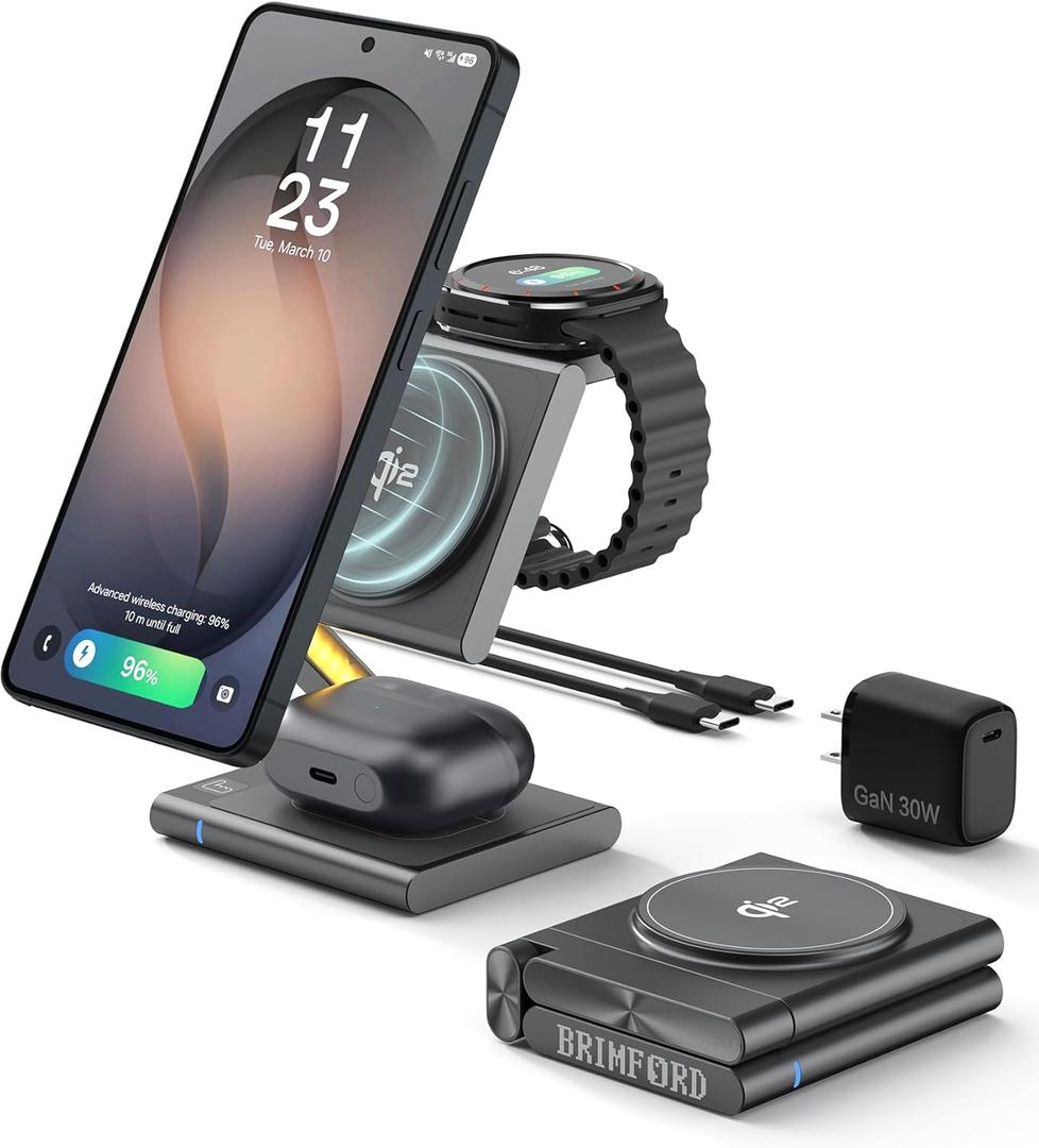4 in 1 Wireless Charging Station for Samsung, Foldable Aluminum Magnetic Charger with LED Light for Samsung Galaxy S25/Ultra/S24/S23/S22, Galaxy Watch 8/7/6/5, Galaxy Buds/Pro (Grey)