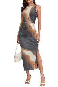 LUNAMODA Women's 2025 Summer Mesh Bodycon Maxi Dresses Floral Tie Dye Sleeveless Side Slit Wedding Cocktail Long Dress Chocolate Tie Dye, XX-Large