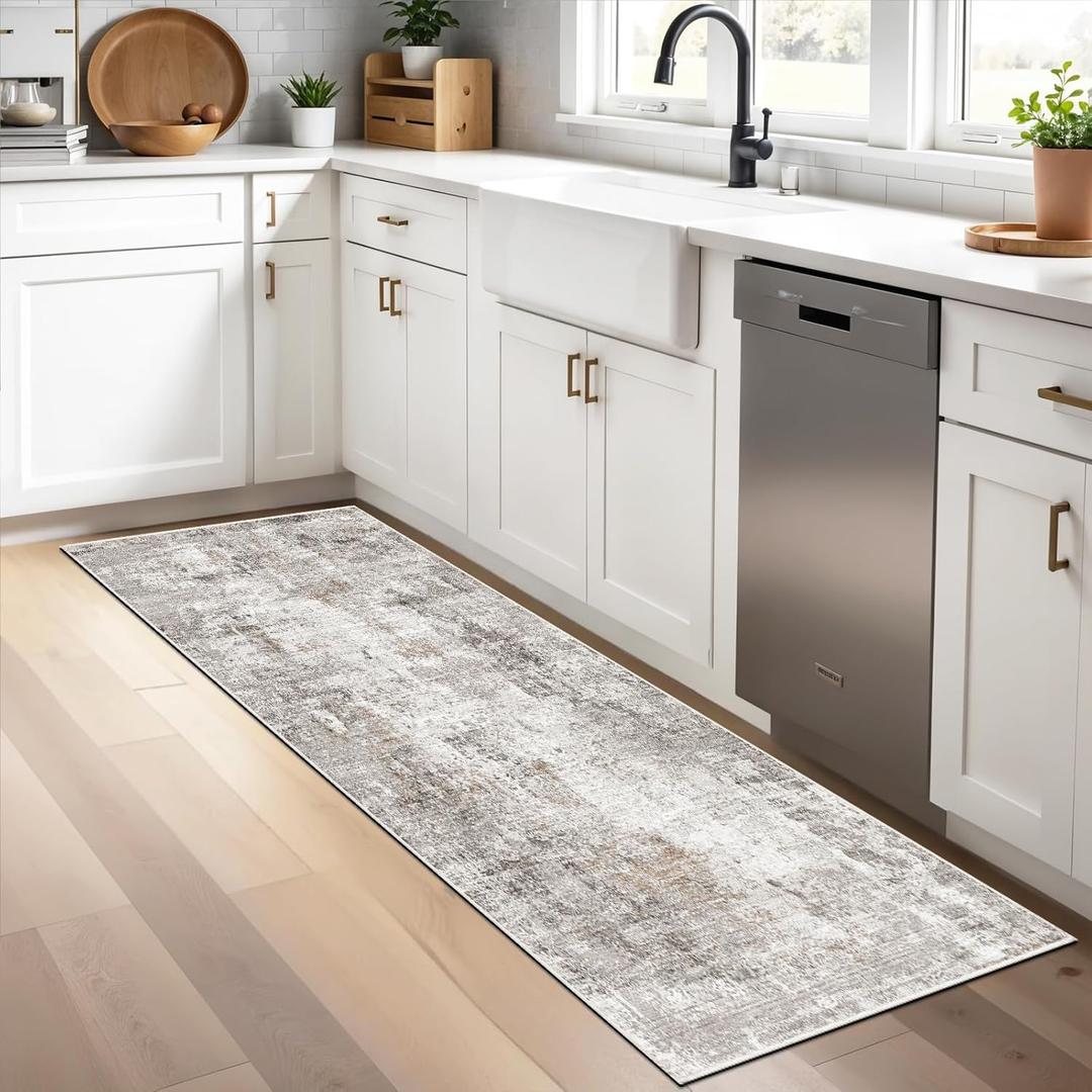 2x6 Washable Non-Slip Hallway Runner Rug  Modern Abstract Soft Carpet Runner for Kitchen, Bedroom with Rubber Backing  Low-Pile Thin Stain-Resistant Rug for Laundry Room, Entryway  Beige/Grey