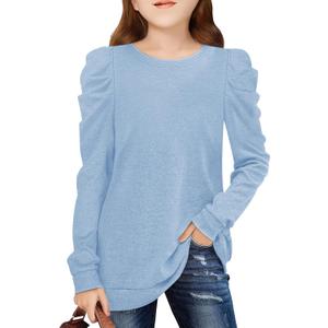 Girls Puff Sleeve Cute T Shirts Kids Fall Tops Crewneck Clothes Loose Fit 5-14Y (Blue)