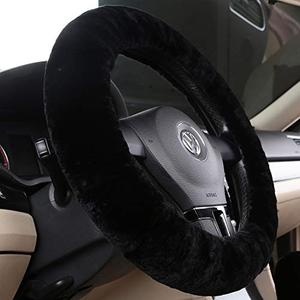 OGLAND Soft Fluffy Plush Sheepskin Car Steering Wheel Cover for Universal Auto Vehicle Women Man 14 1/2 inch-15 1/2inch Fuzzy Accessories Whole Sheepskin Black. Pack 2