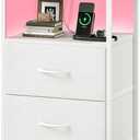 Somdot White Nightstand with Charging Station and LED Light for Bedroom, 2 Drawers Dresser with Fabric Bins for Bedside Kids Dorm Room Closet Laundry Entryway, White Leather