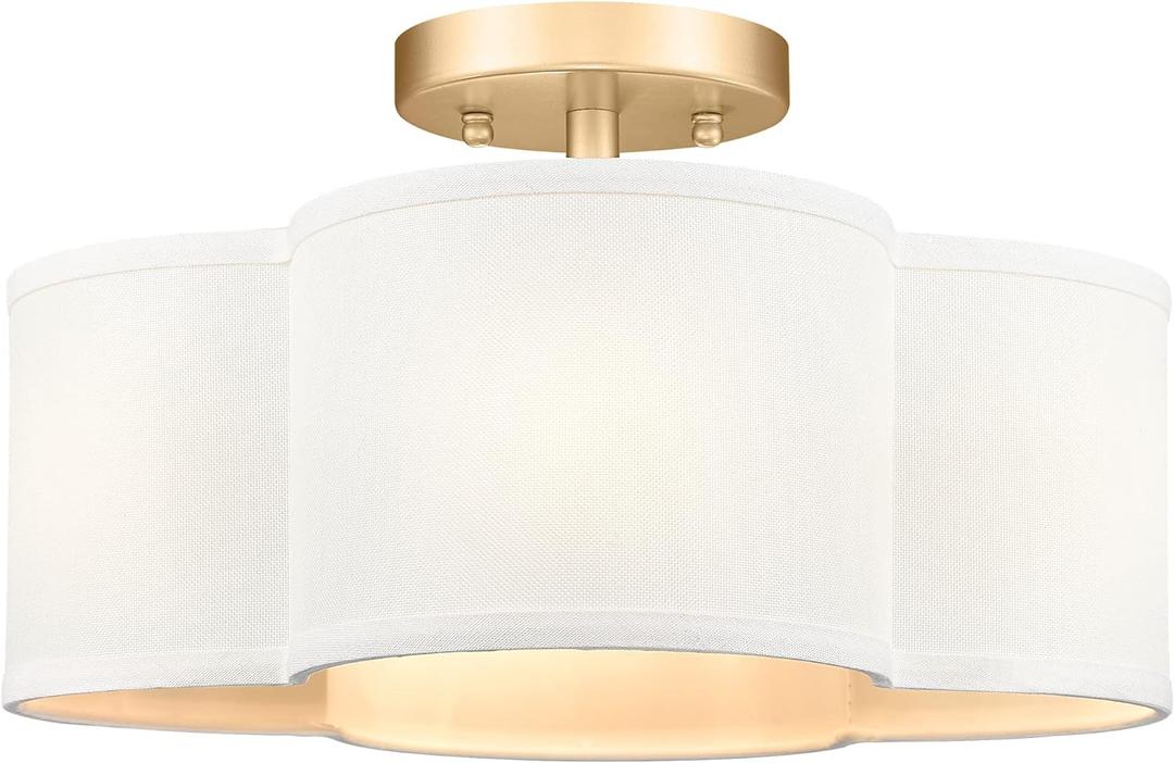 Gold Semi Flush Mount Ceiling Light, Close to Ceiling Light Fixtures with Fabric Shade in Quatrefoil Shape, Farmhouse Brass Ceiling Light for Kitchen Dining Hallway Bedroom, AD-22007-4SF-GD