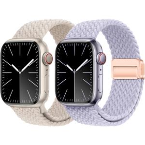 2 Pack Magnetic Bands Compatible with Apple Watch Band 49mm 46mm 45mm 44mm 42mm 41mm 40mm 38mm for Women Men,Stretchy Nylon Braided Sport Loop Wristband for iWatch Series 10 9 8 7 6 SE 5 4 3 Ultra 2 1