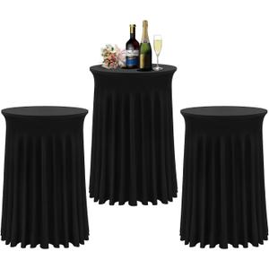 BDDC Cocktail Table Covers - 3 Pack 32"x 43" Black Cocktail Table Tablecloth with Natural Wavy Round Skirt for Bar Wedding Party Banquet