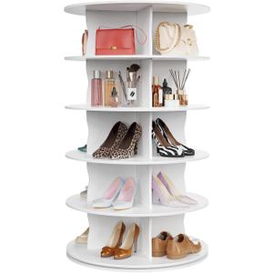 5-Tier Rotating Standing Shelf Unit with Dividers, 360 Storage Display Tower Vertical Floor Organizer, for Bedroom, Closet, Entryway & Office, Ideal for Shoes, Cosmetics & Handbags, White