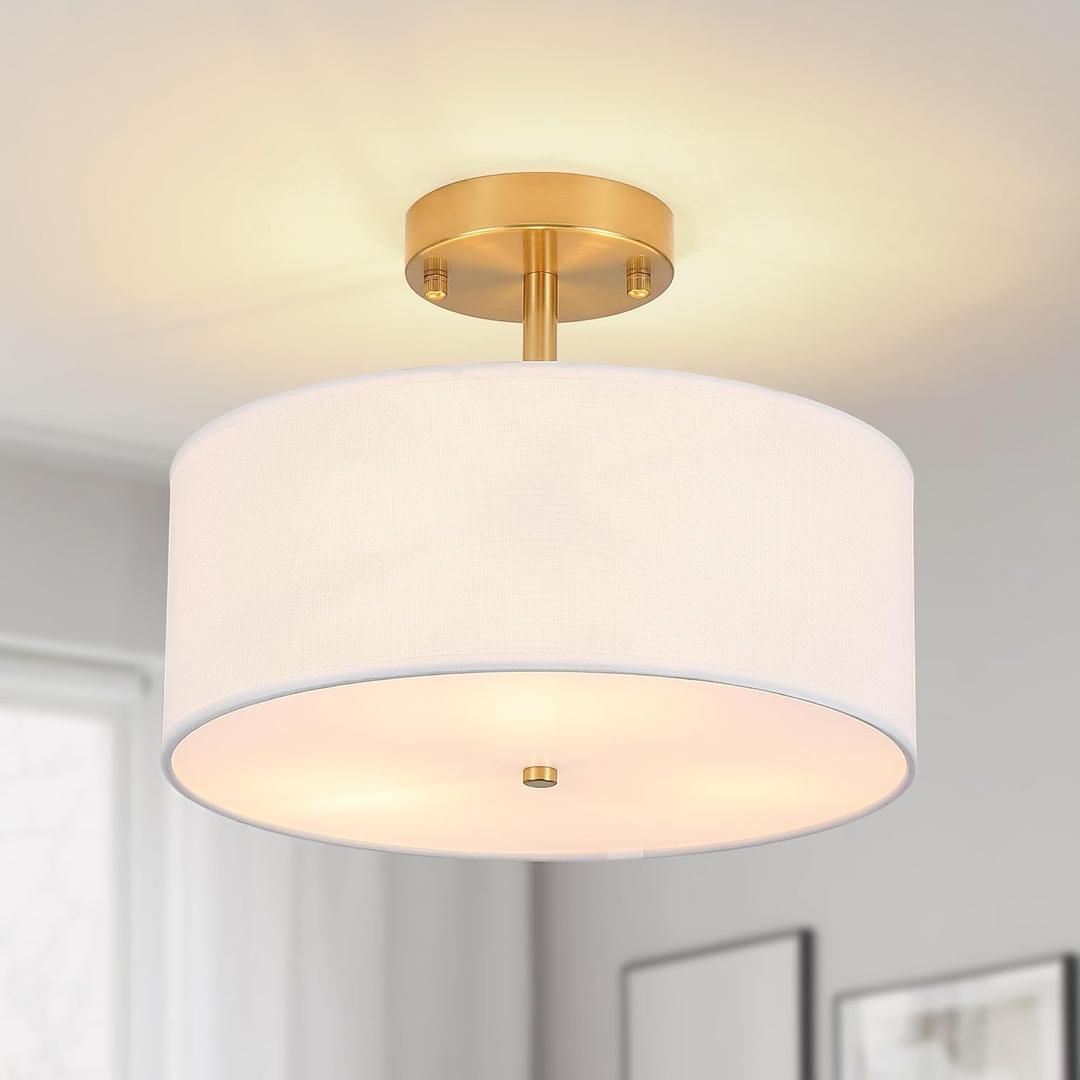 3-Light Semi Flush Mount Ceiling Light Modern Gold Drum Light Fixtures with White Fabric Cover Shade Round Chandelier for Bedroom Living Room Kitchen and Hallway