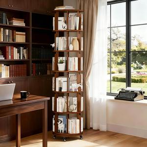 6 Tier Rotating Solid Wood Bookshelf, Spinning Bookshelf Lazy Susan on Wheels, Circular Book Shelf Rotating, Revolving 360 Book Shelf for Small Spaces, Corner Book Shelf for Bedroom (Walnut)
