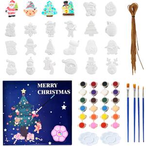GloomGlo 24pcs Christmas Plaster Painting Kit for Kids  Non-Toxic DIY Ceramic Ornament Craft Set with Snowman/Gingerbread Man Christmas Tree Decorations(Christmas 1)