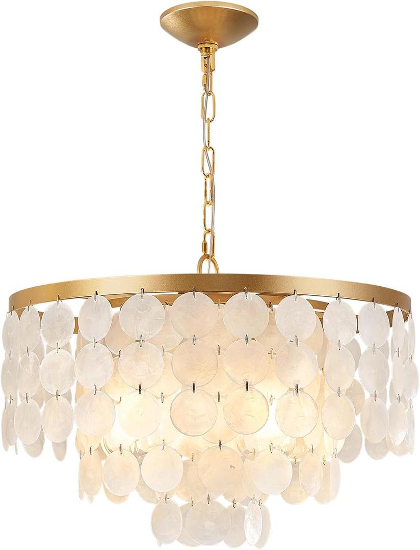 Shell Chandelier, White and Gold Chandelier Light Fixture with 4 Lights Capiz Seashell Pendant for Foyer,Kitchen Island,Entryway,Dining Room (18" Coastal Chandeliers)