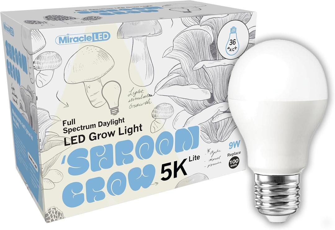 Miracle LED Shroom Grow Indoor LED Grow Bulbs for Oyster, Shiitake, Lions Mane Mushrooms ect. with Absolute Daylight Full Spectrum Replace 100W LED Grow Bulbs (36-Pack)