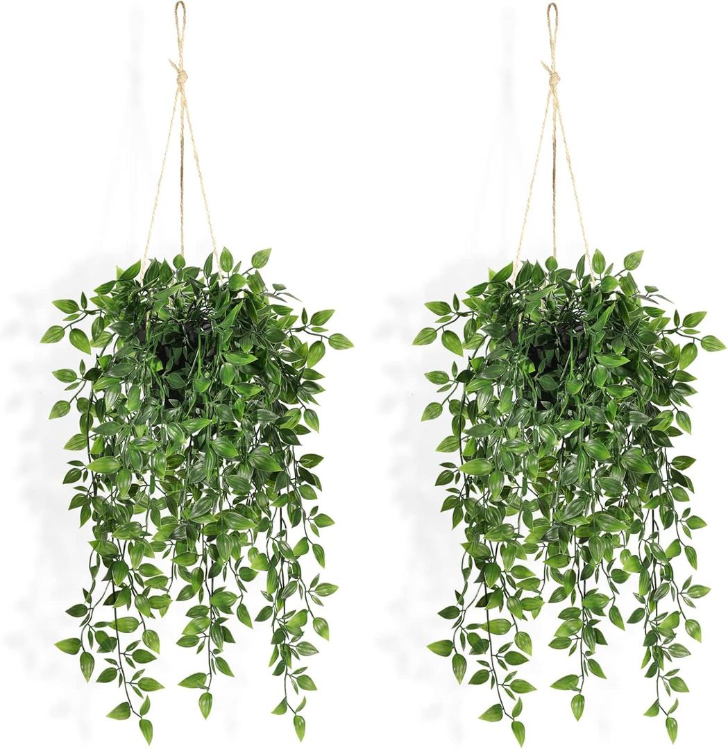 Fake Hanging Plants Indoor - 2 Pack Faux Greenery Plant for Home Decor Artificial Potted Vines with Black Plastic Planter for Bedroom Living Room Garden Front Porch Table Shelf Wall Decoration