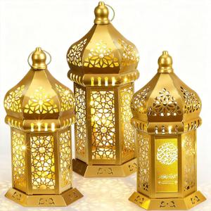 Honoson 3 Pack Large Golden Eid Ramadan Lantern Moroccan Lantern with LED String Lights Vintage Metal Lamp Ramadan Decorations for Home Hanging Indoor Outdoor Patio Tabletop Decor