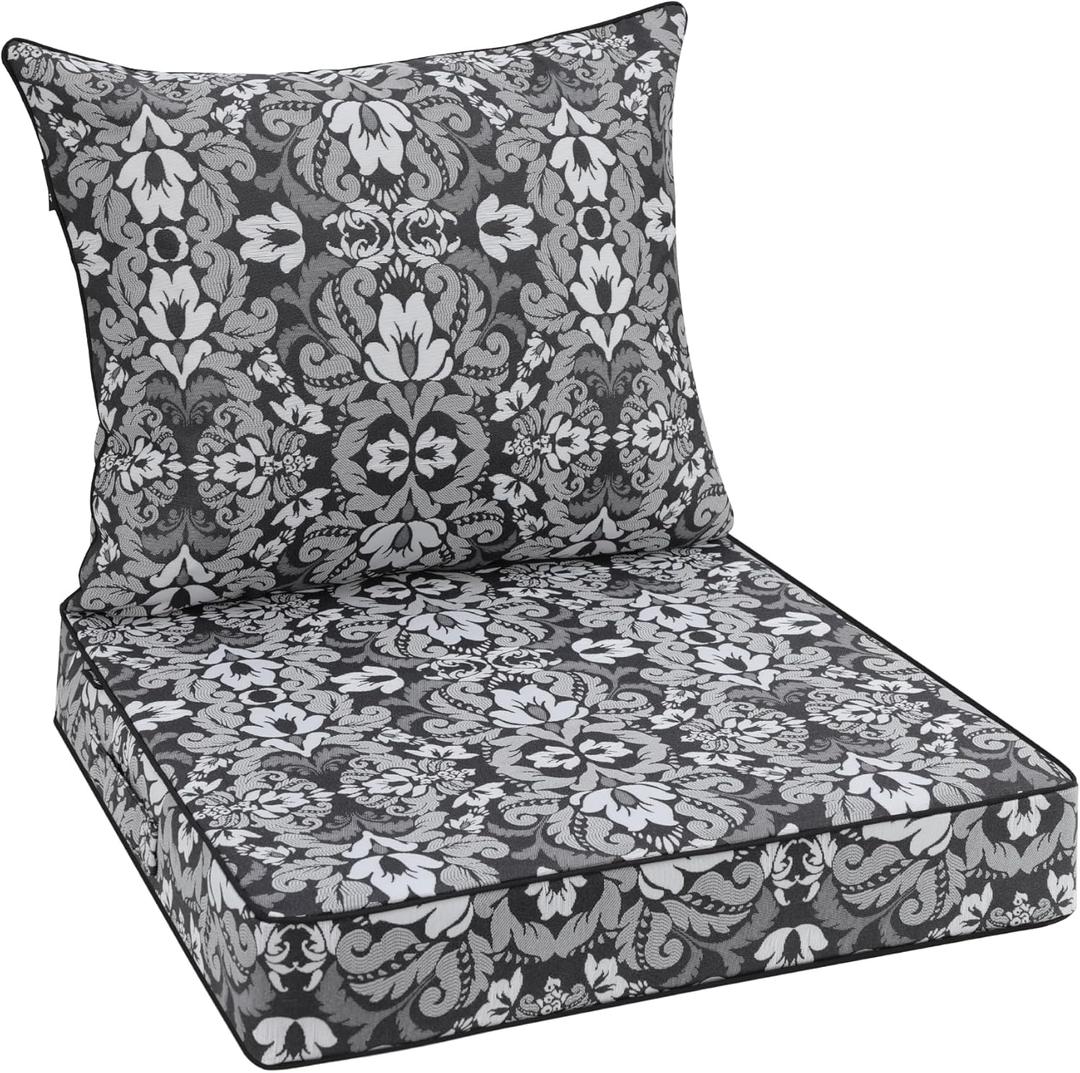 Favoyard Outdoor Seat Cushion 22 x 22 x 3 in Waterproof Pattern Fade Resistant Cover Removable Patio Furniture Cushions Deep Seat & Back Cushion Set with Adjustable Straps for Patio Chair Sofa Couch (Grey Floral)
