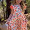 Orange Flower Dress for Toddlers Girl 3 4 Year Old Kids Ruffle Short Sleeve Dresses 3t 4t Little Girls Cute 3D Printed Floral Back Bow Frock Size 3-4