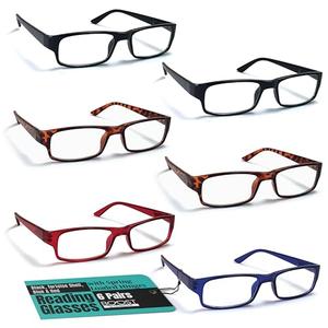 Boost Eyewear 6 Pack Reading Glasses, Traditional Frames in Black, Tortoise Shell, Blue and Red, for Men and Women, with Comfort Spring Loaded Hinges, Assorted Colors, 6 Pairs (+1.25)