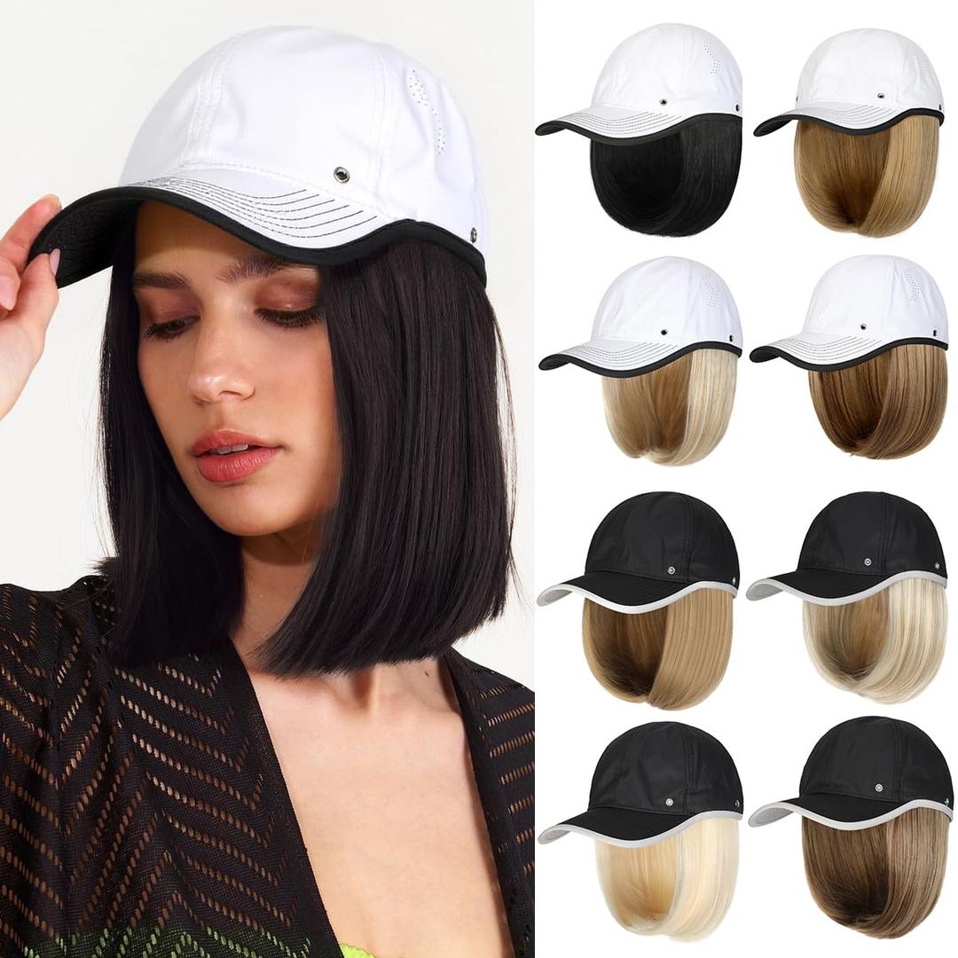 Quick Dry Hat with Hair Extensions Sun Protection Hat Wig Lightweight Outdoor Baseball Cap Attached 13" Short Straight Hairpiece Synthetic for Women Dark Brown