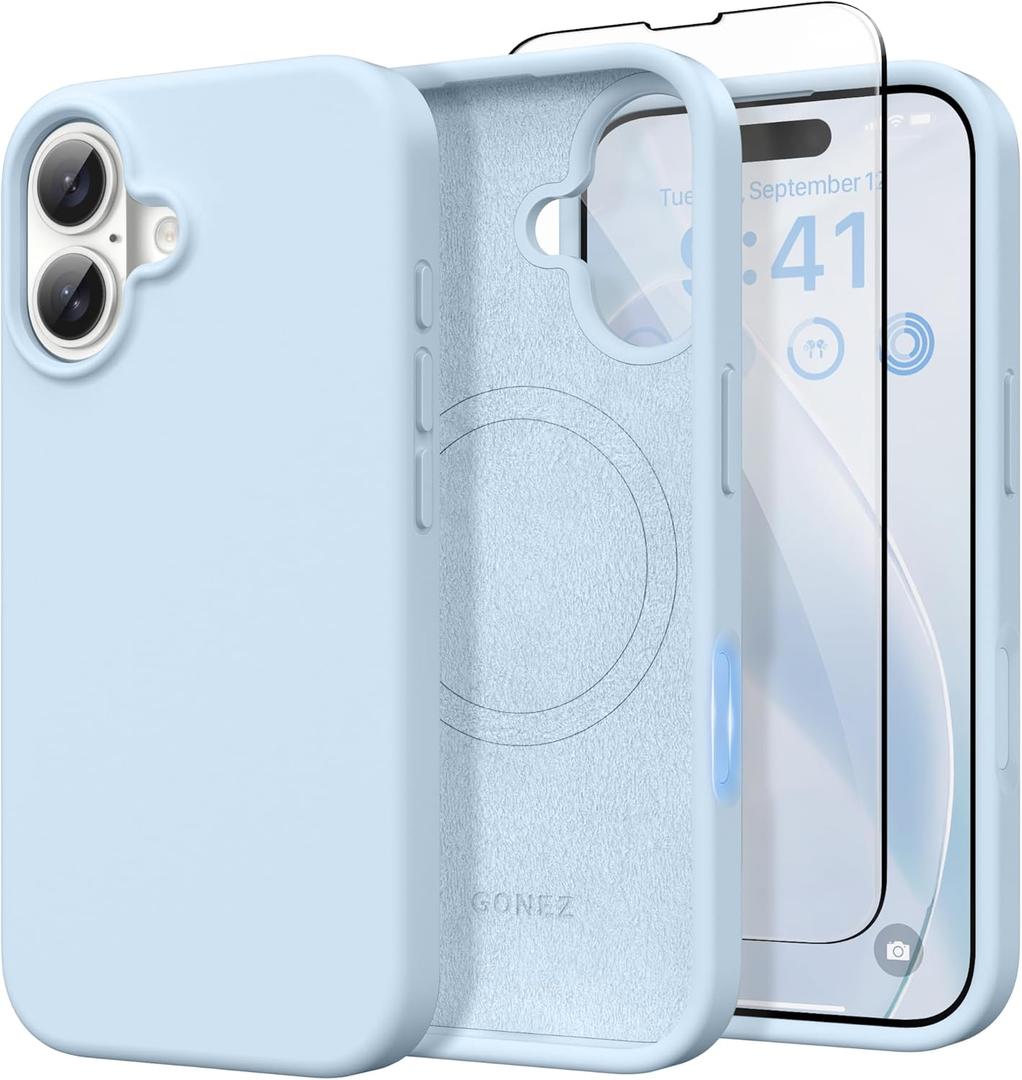 GONEZ Magnetic for iPhone 16 Case, [Compatible with MagSafe] Anti-Scratch Microfiber Lining & Screen Protector, Silicone Camera Control, Shockproof Slim Phone Cover 6.1 inch, Blue