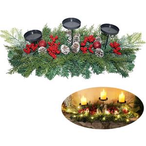 27.6" Christmas Table Centerpiece with Lighs Christmas Candle Holders with 3 Trays Red Berries Balls Pine Cones Xmas Pine Garland Lights Decoration for Centerpiece Table Mantel Holiday Home Decor (Green-cypress)