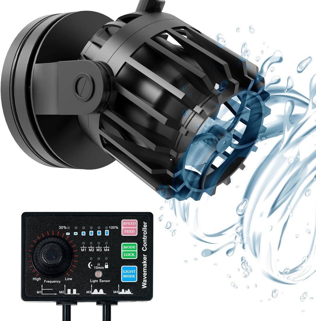 Aquarium Wave Maker with Controller, 1000GPH DC Circulation Pump for Magnetic Suction Base, Adjustable Power Heads for 30-60 Gal Freshwater and Saltwater Tanks (10W)