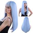 SUKRI Light Blue Wigs with Bangs Long Straight Blue Wigs for Women Heat Resistant Synthetic Wigs for Girls Cosplay Party Halloween Daily Use 22 Inch