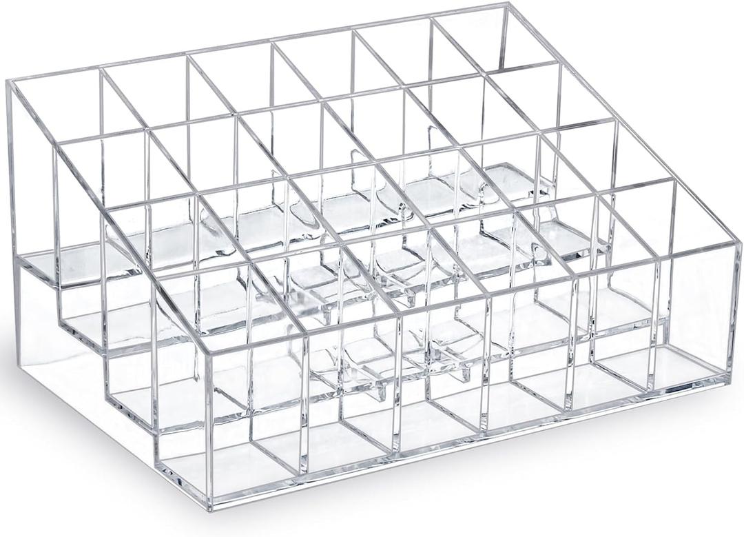 MOSIKER Lipstick Organizer,Small Clear Plastic Compact Lip Gloss Chapstick Perfume Sample Mascara Holder with 24 Slots