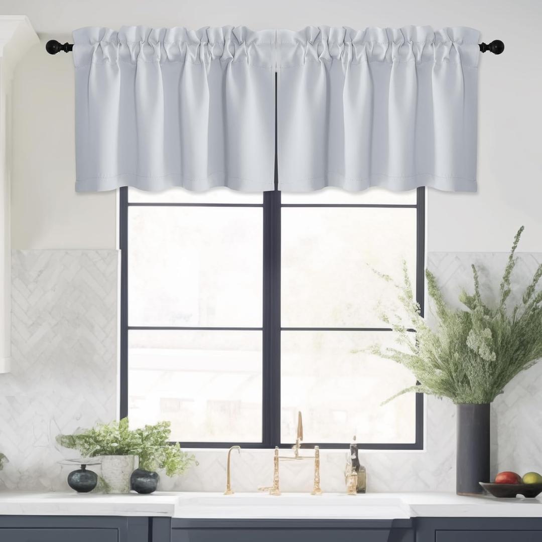 NICETOWN 4 Panels Blackout Valances for Window, Kitchen Valances Curtains for Living Room/Bedroom/Bathroom Short Window Privacy Rod Pocket, 42" W x 16" L, Greyish White