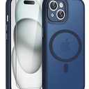 WRJ Case for iPhone 15, Slim Translucent Matte Magnetic Case for Women Men [Compatible with Magsafe][Enhanced Camera Protection] Anti-Fingerprints Shockproof Cover with Screen Protector-Navy Blue
