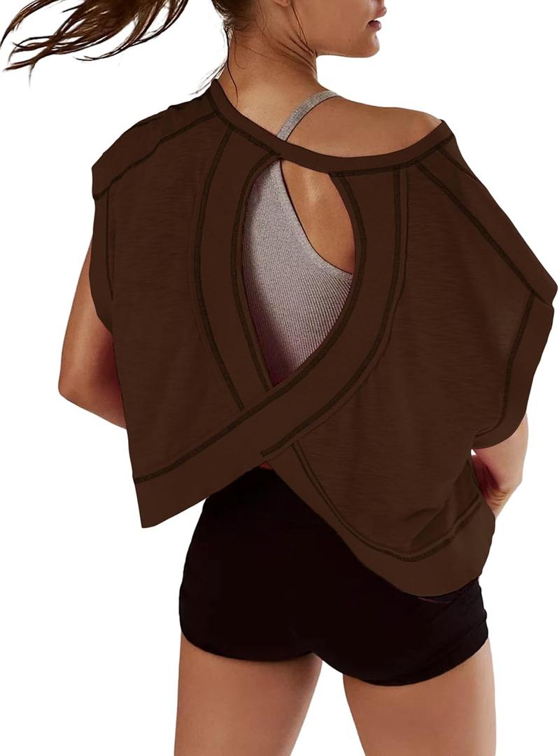 Women Short Sleeve Workout Shirts Open Back Tops Casual Yoga Y2k Athletic Gym Slouchy Crop Running Tees (Medium, Coffee)