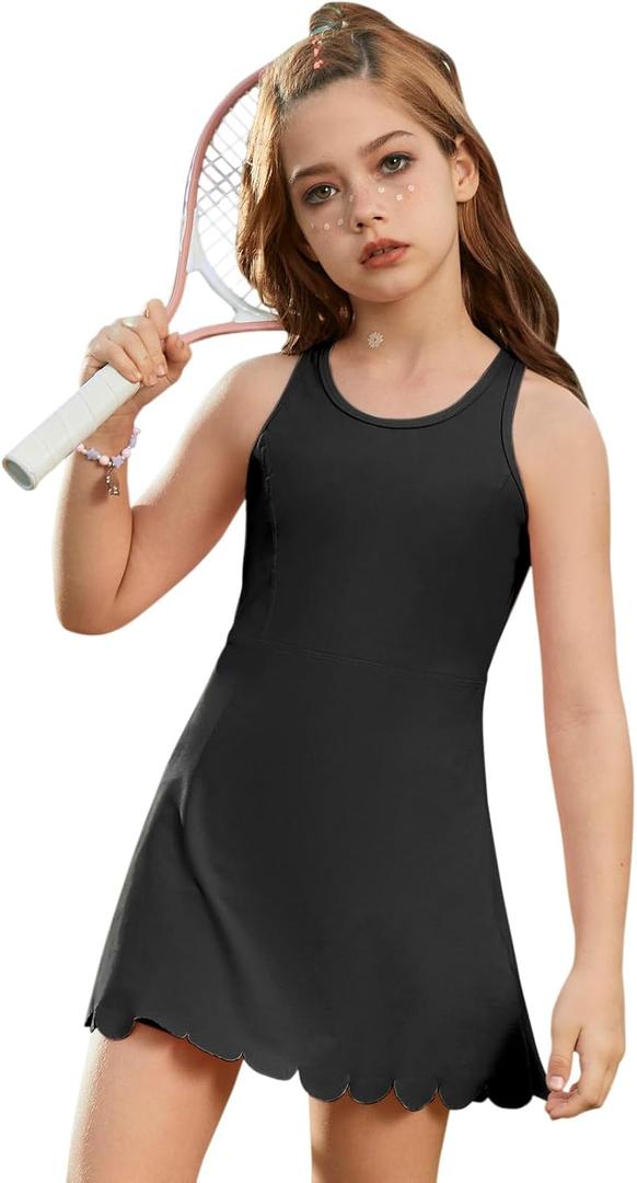 Girls Tennis Dress Sleeveless Pickleball Athletic Dress Golf Outfit with Detachable Built-in Bra & Shorts Pockets (12-13 Years, Black)