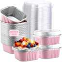 Aoriher 150 Pcs 10 oz Mini Cake Pans with Lids Aluminum Foil Baking Cup Disposable Square 4 x 4 Large Baking Tin, Muffin Pan Cheesecake Kitchen Brownie Pudding Desserts Holder(Pink)