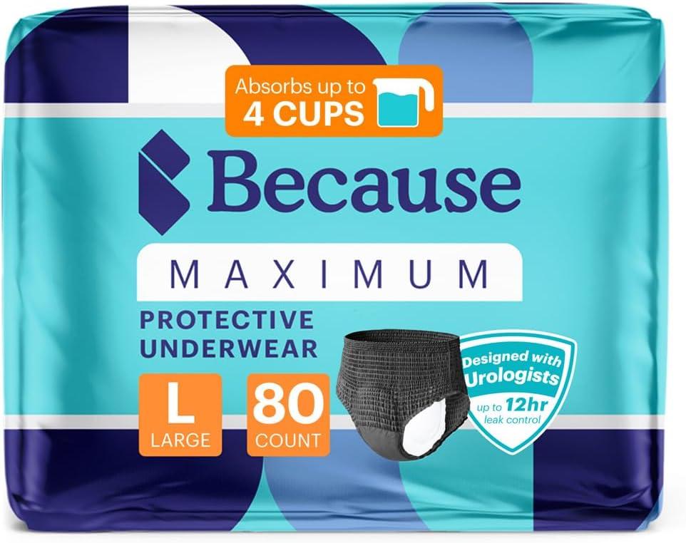 Because Premium Maximum Absorbency Adult Incontinence and Postpartum Bladder Leak Underwear for Women, Heavy Absorbency, Disposable, Black, Large, 80 Count (4 Packs of 20)