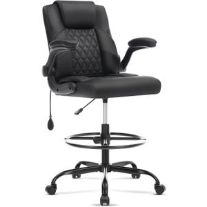 Leather Drafting Chair, Tall Office Chair for Standing Desk, High Executive Office Chair with Inflatable Lumbar Support,Adjustable Height,Flip-up Armres and Foot Ring Studio Chair Black, 23.6 inches x 23.6 inches x 40 inches