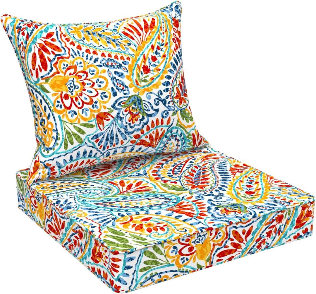 DYTXIII Outdoor Deep Seat Cushion Set, Water Repellent 22"x22" Patio Thick Cushions Replacement with Seat & Back Pillow for Patio Sofa, Wicker Chair, Couch - Paisley Multi