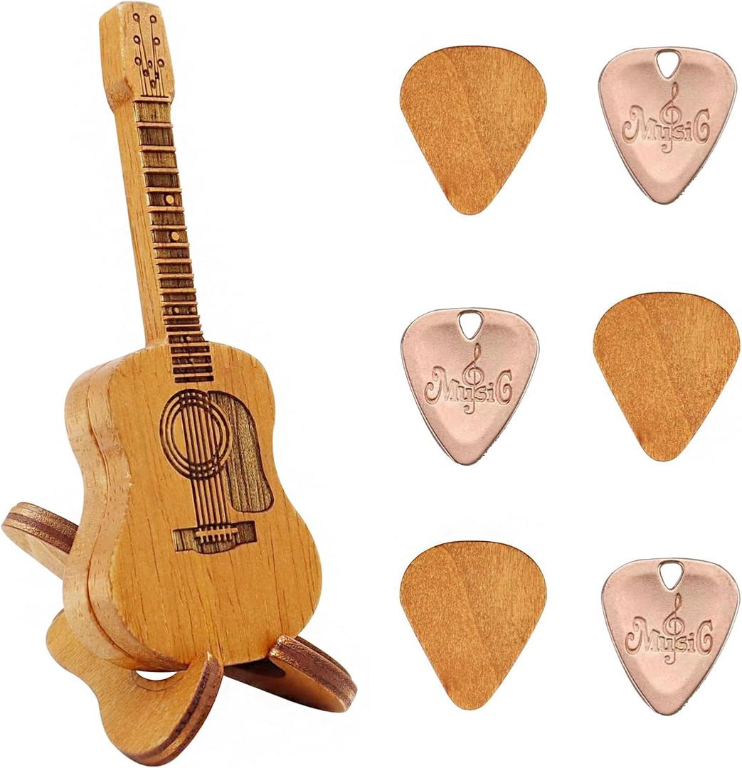 Wooden Guitar Pick Holder Box With Stand, Acoustic Guitar Pick Case With 6 Pcs Picks
