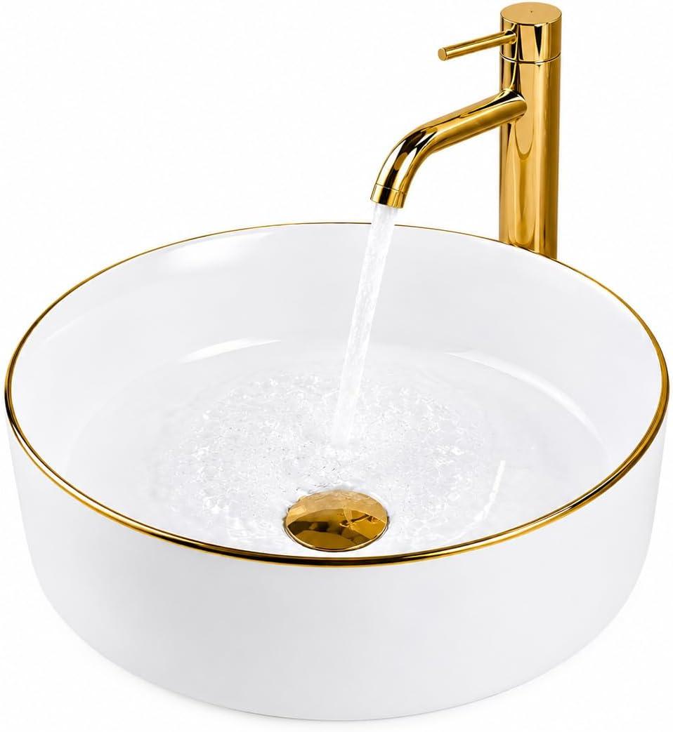 14.2” Round Ceramic Vessel Sink Gold Rim Basin With Pop-Up Drain
