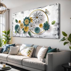 Abstract Wall Art For Living Room Large Size blue abstract chrysanthemum Canvas Wall Art 29"x58" Wall Decor Abstract Art Paintings Fantasy Colorful on White Background Modern Artwork Decor for Bedroom Bathroom (Colorful flowers leaves butterflies)